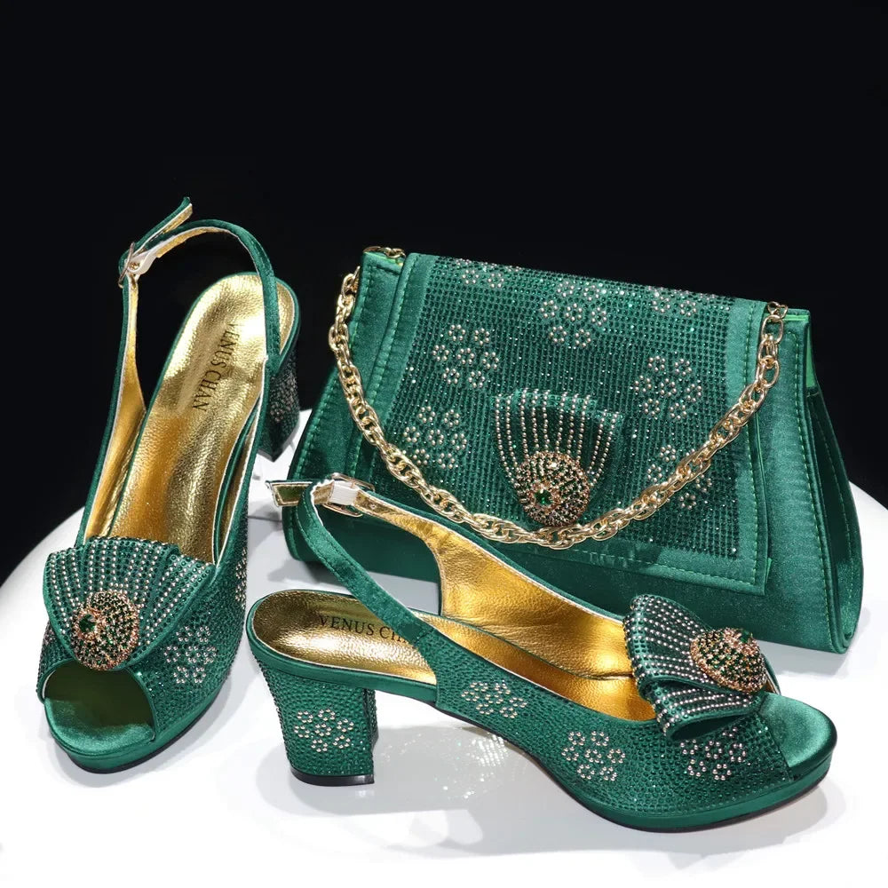 Venus Chan 2024 Italian Design Girly Style Golden Color Wedding Shoes And Bag Full Diamond Decoration Metal Closure Bags