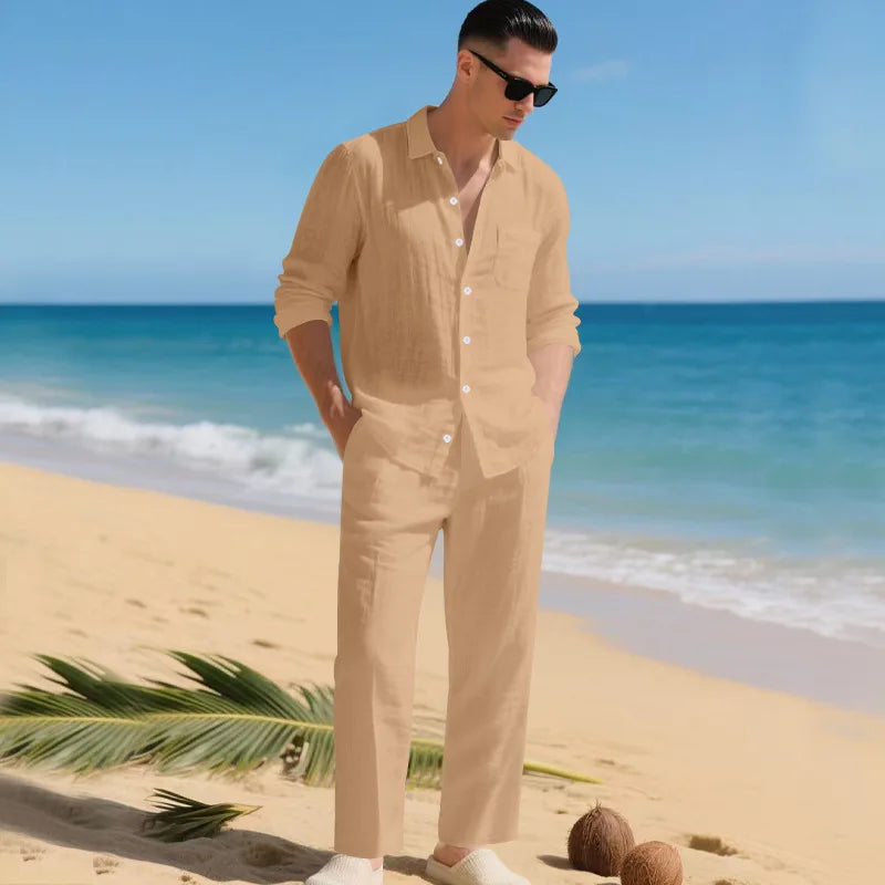 The 2026 Summer Men's linen short-sleeved shirt set is a two-piece long pants set suitable fordaily casual beach vacations 2Pcs