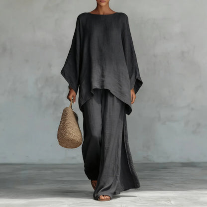Spring New Fashion Linen Loose Long-sleeved Wide-leg Trousers 2-piece Set Women Casual Retro Elegant Female Simple Suit