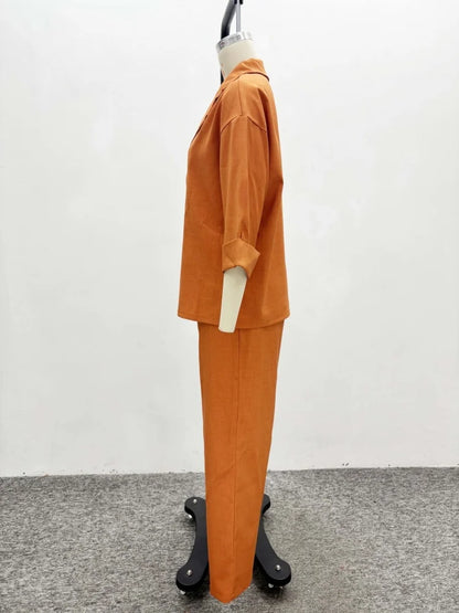 Wmstar Two Piece Set Women Wholesale Lapel Loose Single Breasted Shirt High Waisted Straight Leg Pants Casual Elegant Suit