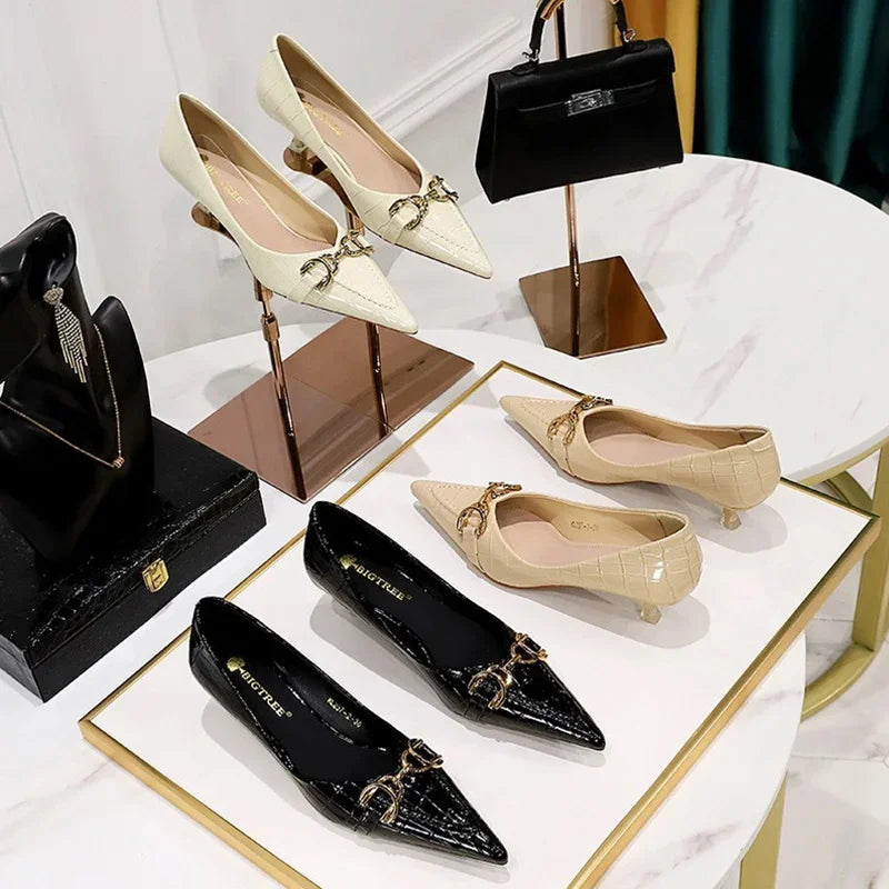 Women 4.5cm High Heels Elegant Patent Leather Pumps Female Sexy Metal Buckle High Heels Lady Fashion Pointed Toe Shallow Shoes