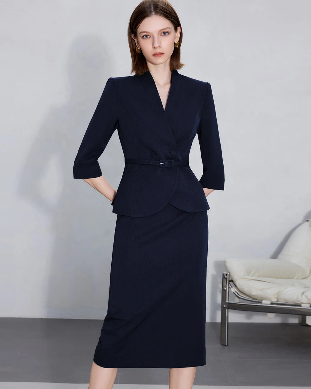 Two-Piece Suit For Women, Navy Blue Luxury Fashion Workplace Two-Piece Skirt Set, Minimalist Elegant Three-Quarter Sleeve Design