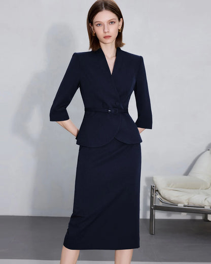 Two-Piece Suit For Women, Navy Blue Luxury Fashion Workplace Two-Piece Skirt Set, Minimalist Elegant Three-Quarter Sleeve Design
