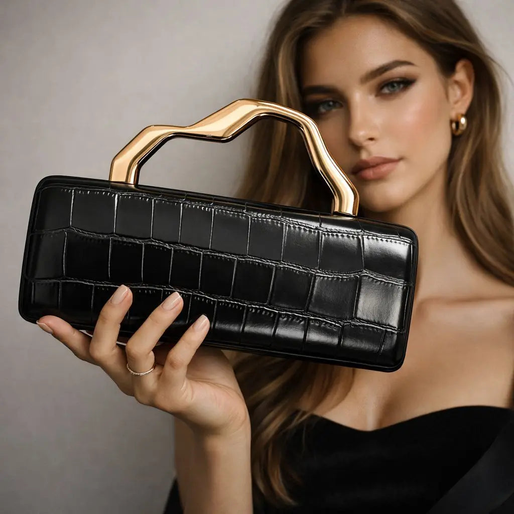 Luxury Burgundy Crocodile Pattern PU Evening Clutch with Gilded Shaped Handle for Ladies Fashionable Party Handbag