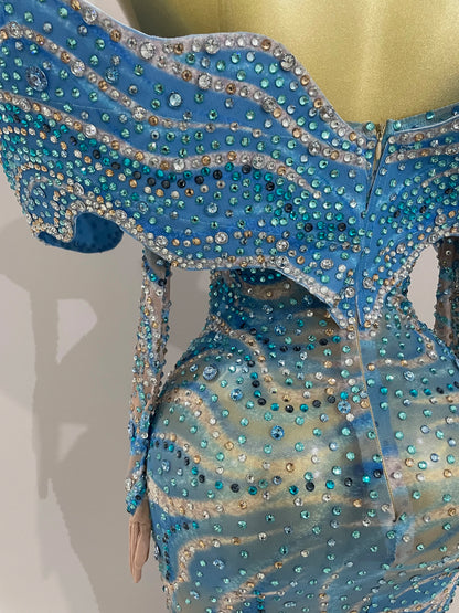 2025 Luxury Sparkly Rhinestones Blue Long Dress With Gloves Women Party Evening Birthday Dresses Celebrate Stage Catwalk Gowns