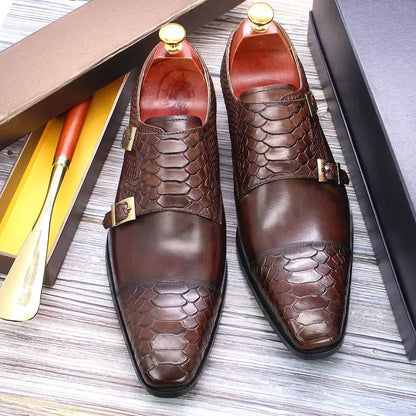 Men's Dress Shoes Size 39-46 Genuine Leather Double Buckle Monk Strap Snake Print Cap Toe Classic Italian Style