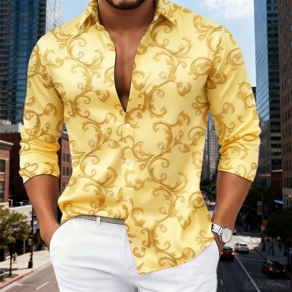 16 Colors Men's Luxury Baroque Gold Pattern Long-Sleeved Shirt Fashionable Retro Print Comfortable Non-Iron Large Size Top