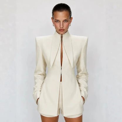Elegant Blazer Women's Top Shorts Suit Long Sleeve Stand Collar Solid Top Short Pants 2026 Summer Autumn Chic Female Outfits