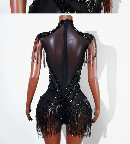 Sexy Mesh Sheer Black Rhinestone Tassel Bodysuit Women Singer Dancer Stage Show Outfit Nightclub Leotard Party Performance Wear