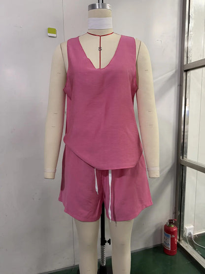 Cotton Linen Summer Women's Suit Elegant 3-piece Sets for Women Sexy V-neck Sleeveless Vest & Short Pant & Cardigan Home Clothes