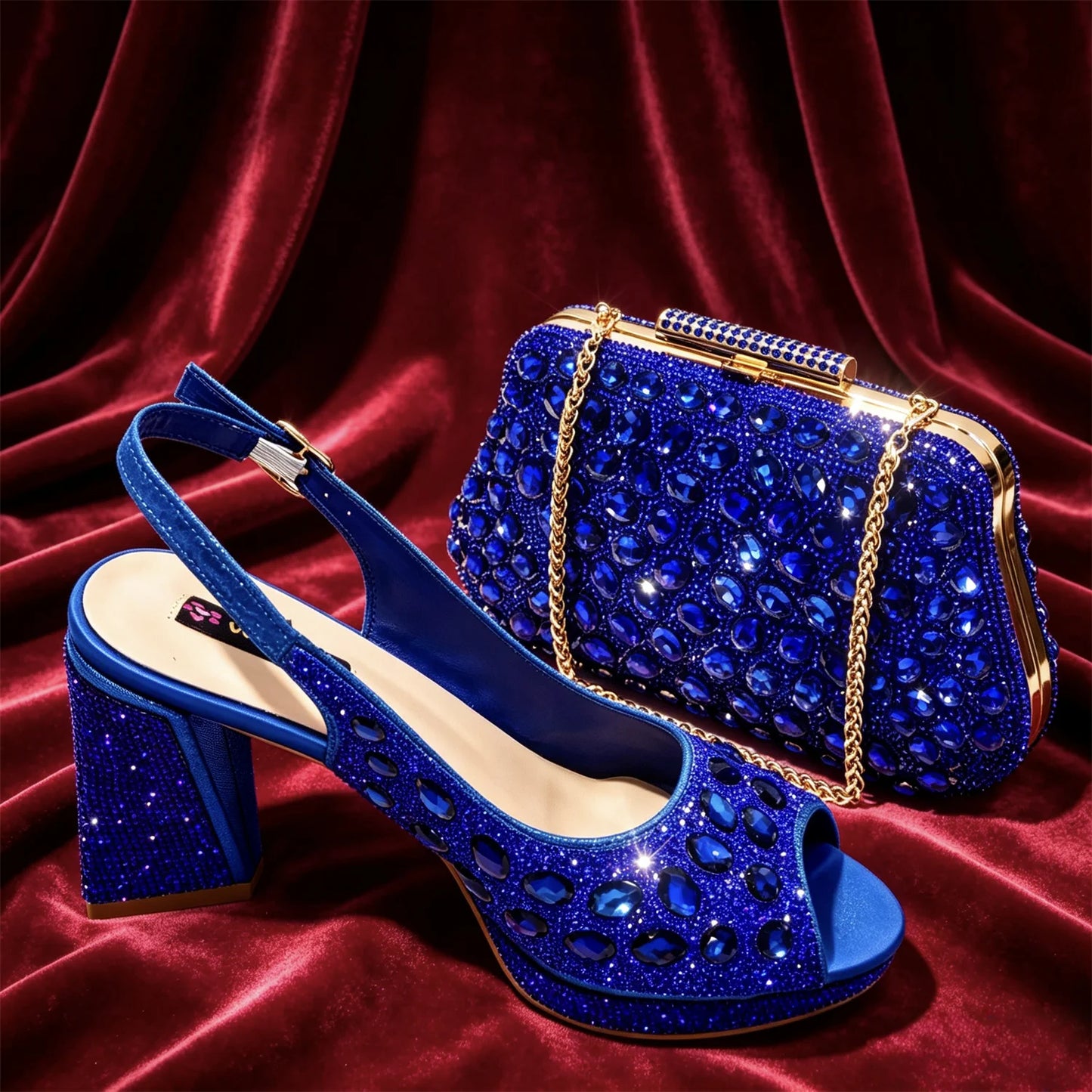 Venus Chan Elegant Gold Striped Peep Toe High Heels and Matching Bag Set – Rhinestone Decor for Parties and Weddings