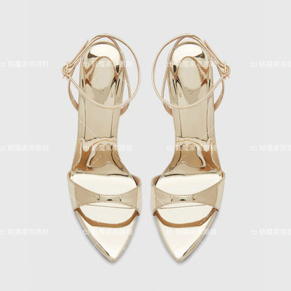 Fashionable and sexy high heels 2025 new pointed toe open toe straight buckle sandals for women's fashion plus size shoes