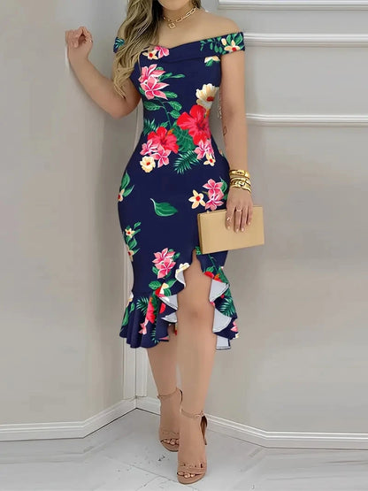 Womens Off Shoulder Floral Print Bodycon Midi Dress Ruffle Hem Slit Party Cocktail Dress
