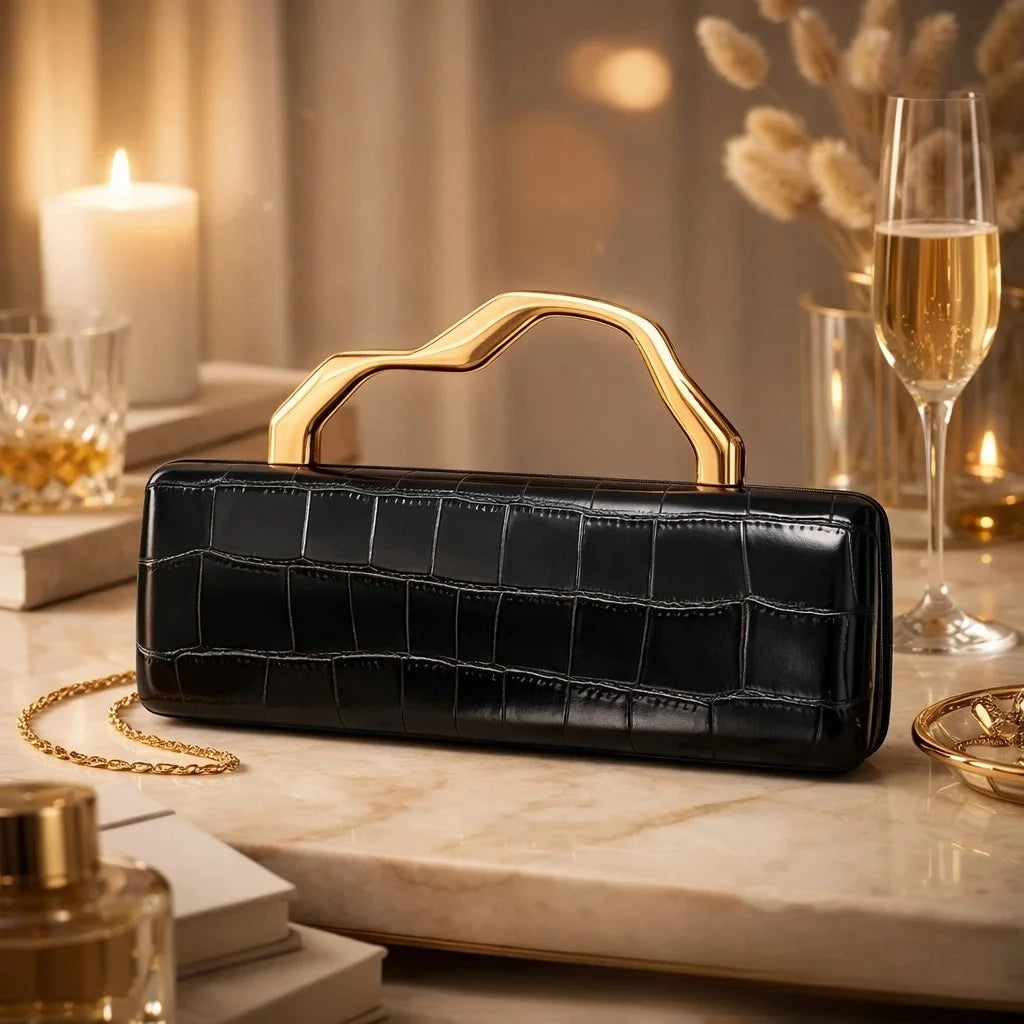 Luxury Burgundy Crocodile Pattern PU Evening Clutch with Gilded Shaped Handle for Ladies Fashionable Party Handbag