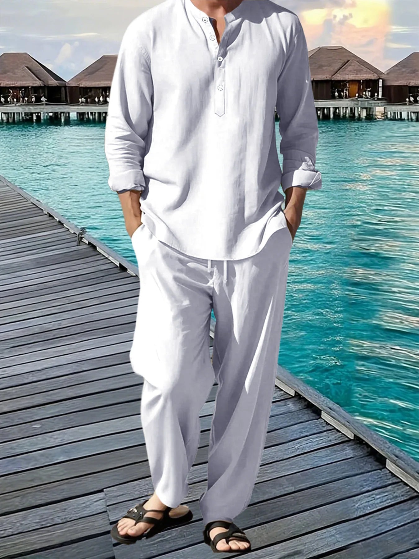 New Long Sleeve Henley Shirt Pants Suit Men Lightweight Breathable Streetwear Solid Color Business Button Polo Shirts Long Pants