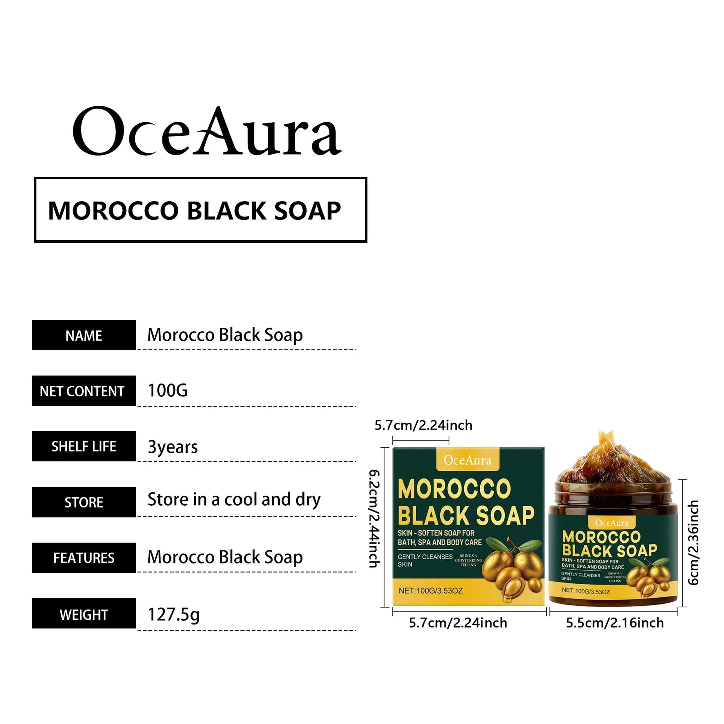 OceAura Morocco Black Soap Deep Cleaning Remove Dead Skin Cells Gentle Care Body Moisturizing Brighten Skin Smoothing Soap 100g