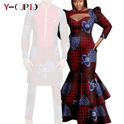 African Print Long Dresses for Women Matching Men Outfit Dashiki Top and Pant Sets Couples Clothes Kaftan Party Outwear Y23C054