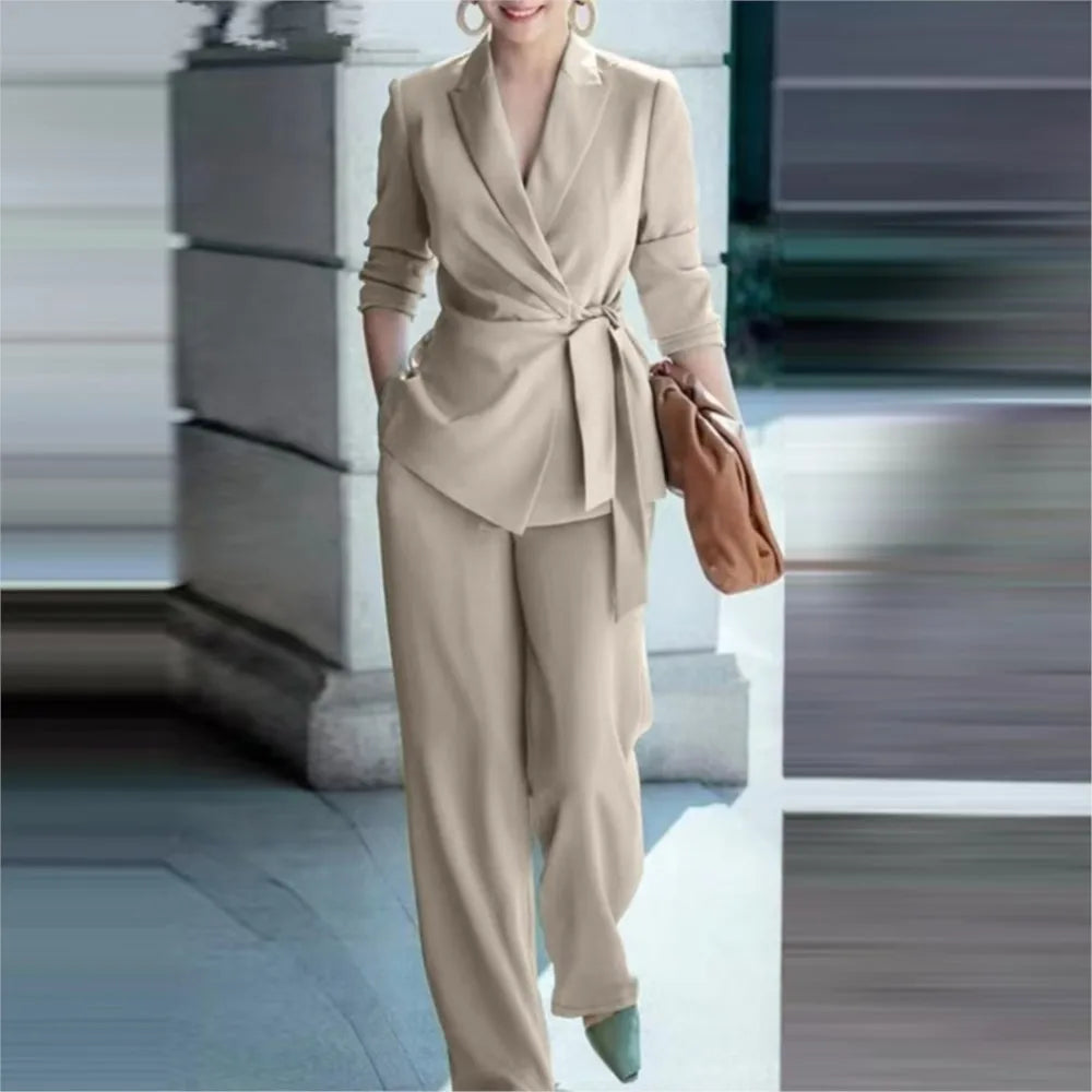 Casual Fashionable Trousers Suit Spring Autumn Solid Color Commuter Style Lapel Long-sleeved Top Wide-leg Trousers Two-piece Set