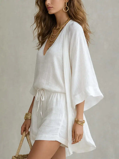 Cotton Linen Summer Women's Suit Elegant 3-piece Sets for Women Sexy V-neck Sleeveless Vest & Short Pant & Cardigan Home Clothes