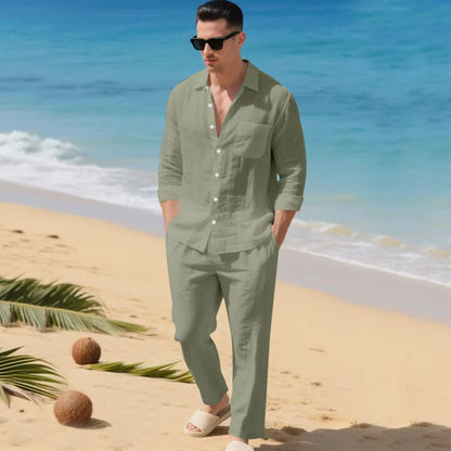 The 2026 Summer Men's linen short-sleeved shirt set is a two-piece long pants set suitable fordaily casual beach vacations 2Pcs