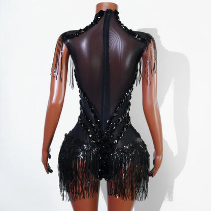 Sexy Mesh Sheer Black Rhinestone Tassel Bodysuit Women Singer Dancer Stage Show Outfit Nightclub Leotard Party Performance Wear