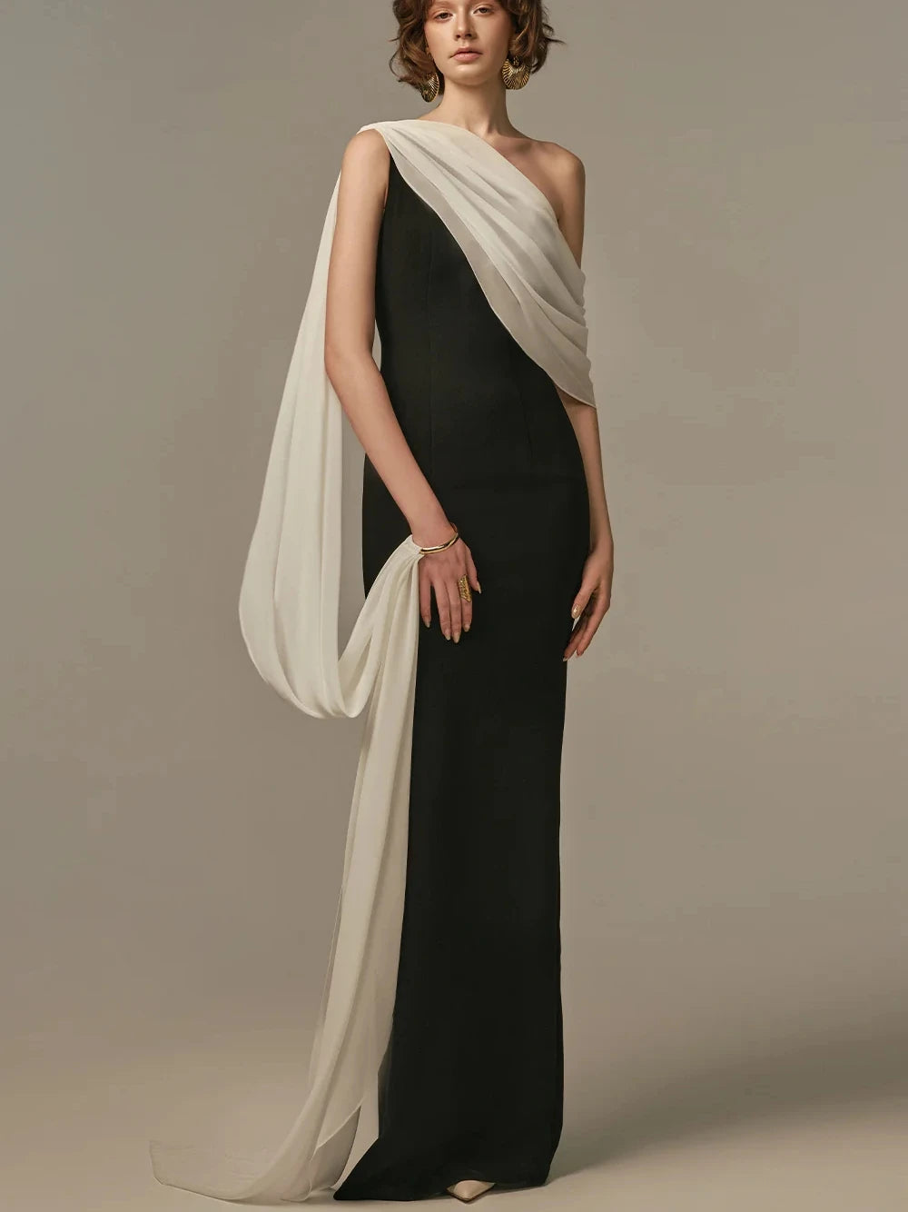 Elegant Two Tone Evening Gown Simple One Shoulder Draped Flowing Sash Customized Prom Dress Fashionable Party Galas Women Wear