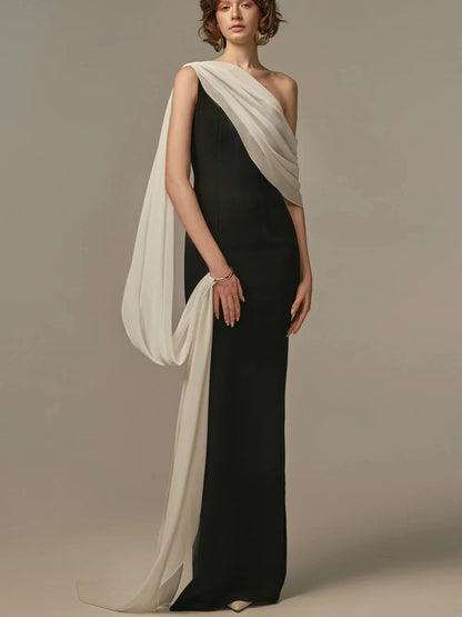 Elegant Two Tone Evening Gown Simple One Shoulder Draped Flowing Sash Customized Prom Dress Fashionable Party Galas Women Wear