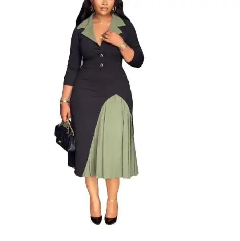 Womens Dresses 2025 Spring New Elegant Commuting Contrasting Color Waist Cinching Pleated Patchwork Long Sleeve Casual Dress