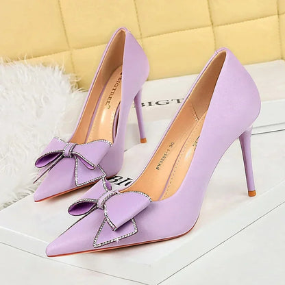 BIGTREE Fashion Korean Version 10cm High Heels Pumps Silk Shallow Pointed Toe Crystal Butterfly BowKnots Lady Red Purple Shoes
