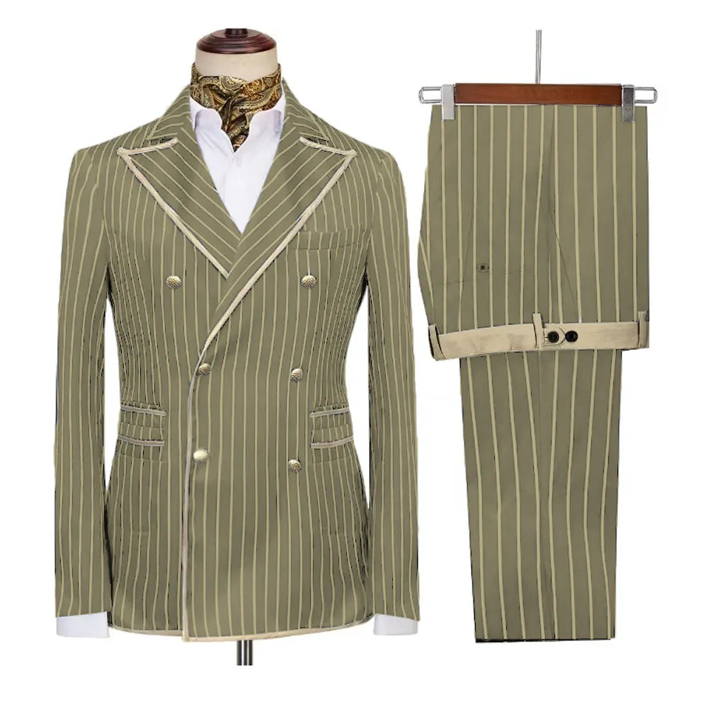 High-end Striped Men Suits Peak Lapel Double Breasted 2 Piece (Blazer+Pants) Blazers Slim Smart Causal Formal Jacket Tuxedos