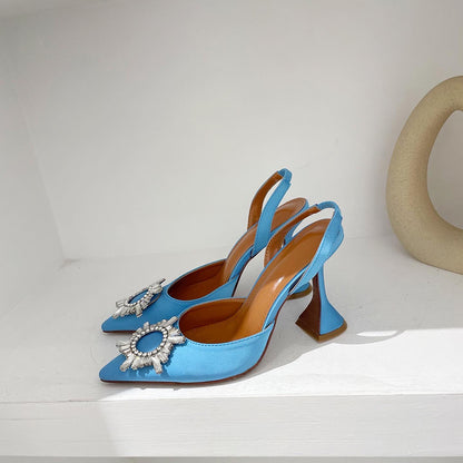 Aneikeh Brand Women Silk High Heels Luxury Crystal Butterfly Knot High Heels Summer Pointed Shoes Triangle Heeled Bride Pumps