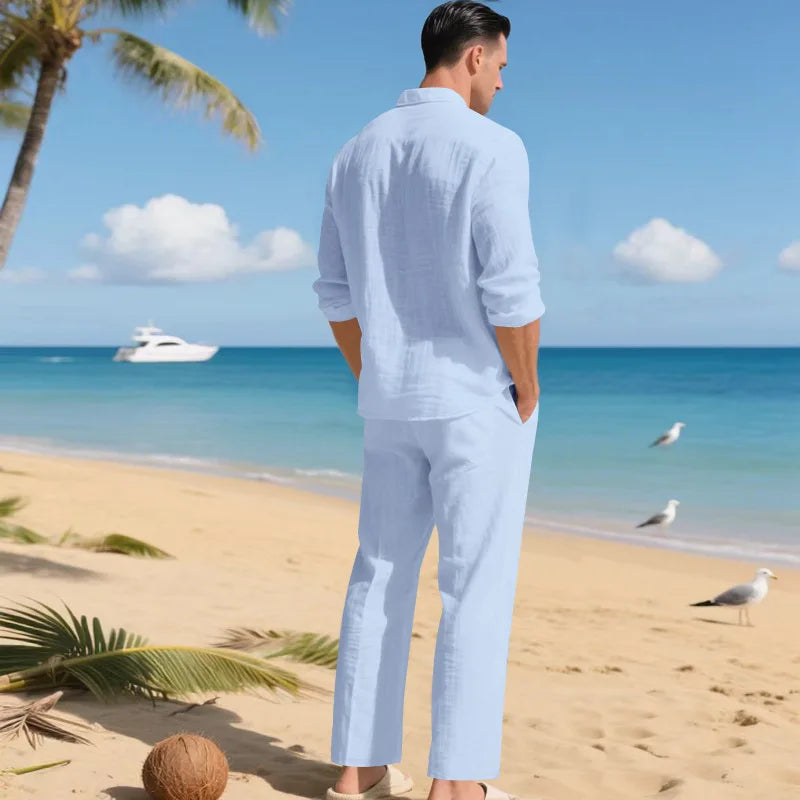 The 2026 Summer Men's linen short-sleeved shirt set is a two-piece long pants set suitable fordaily casual beach vacations 2Pcs