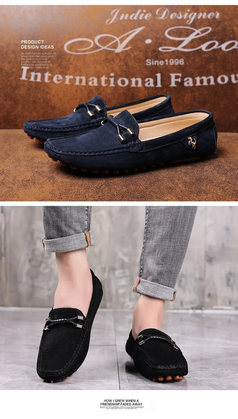 Men Genuine Leather Driving Shoes Metal Buckle Moccasins Slip-On Casual Loafers Men's Comfortable Flats Mocasines