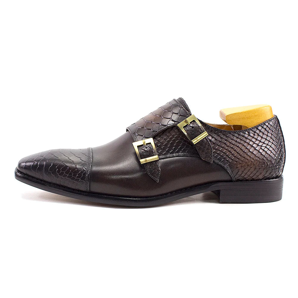 Luxury Double Buckle Monk Strap Men's Dress Shoes Genuine Leather Classic Crocodile Pattern Formal Business Office Footwear