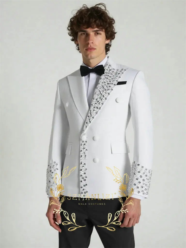 Luxury Gold Crystal 2 Pieces Men's Suits Double Breasted Black Suits Tuxedo Blazer for Wedding Groom Business Dinner Party Suits
