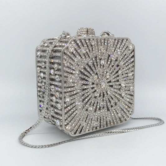 Women Clutch Bag Small Square Box, Full Cover Rhinestone Crystal Evening Bag, Handmade Bridal Party Wedding Prom Dinner Purse