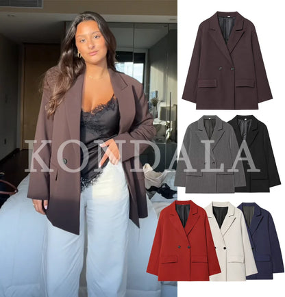 KONDALA Elegant Double Breasted Suit Women Trendy Commute Lapel Blazer Coat 2026 Spring Summer Minimalist Office Lady Blazer