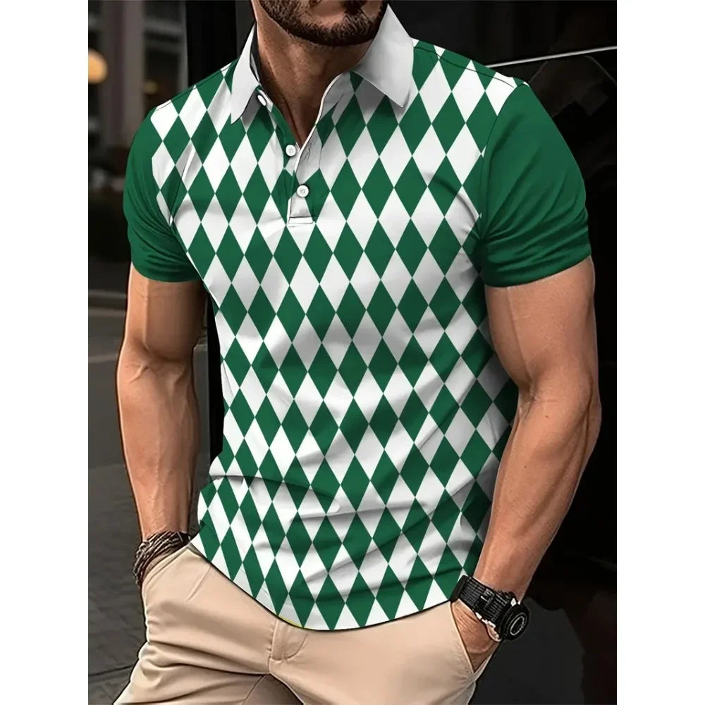 Men's simple checkered polo 3d printed button polo summer short-sleeved top daily street men's wear