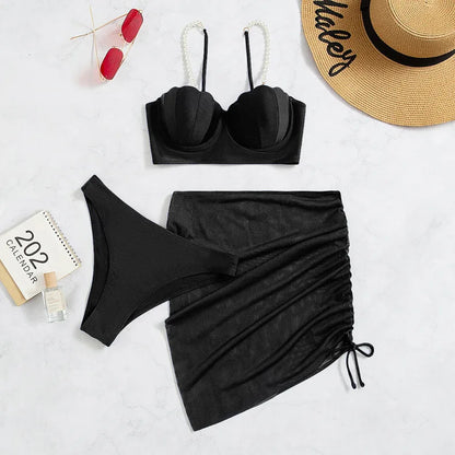 2025 New Sexy Three-piece Bikini Women Solid Drawstring Skirt Swimsuit Sling Backless Swimwear Tight Gathered Beach Bathing Suit