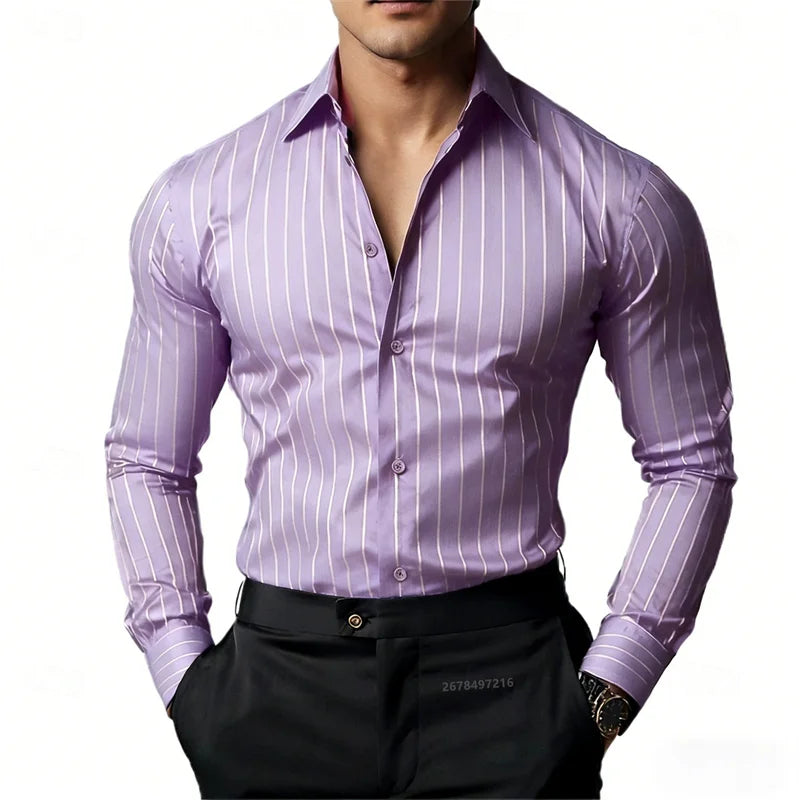 Men's Striped Long-Sleeved Shirt, Business Casual, Versatile, with Lapel Collar and Button Design, Available in 19 Colors.