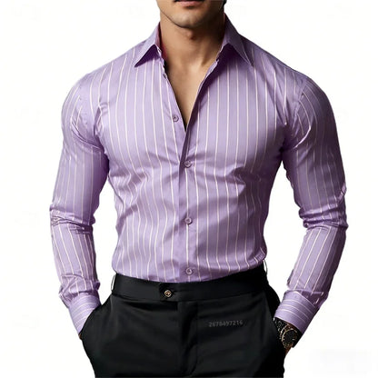 Men's Striped Long-Sleeved Shirt, Business Casual, Versatile, with Lapel Collar and Button Design, Available in 19 Colors.