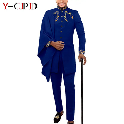 African Couple Matching Clothes for Wedding Women Slim Mermaid Dress Bazin Riche Men Irregular Jacket Pant Sets with Hat Y23C011