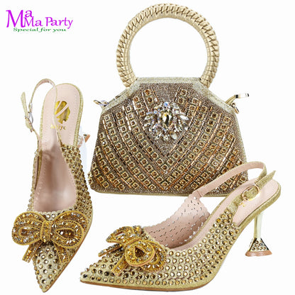 Gold Color New Arrivals Italian Design Nigerian Women Shoes and Bag Set Pointed Toe Slipper with Shinning Crystal for Party