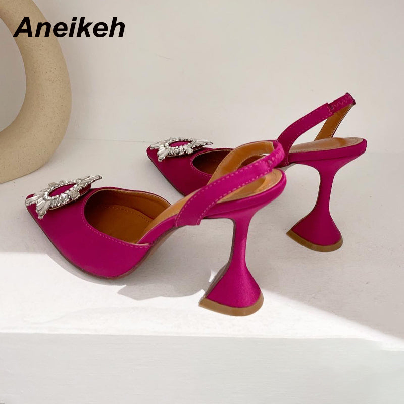 Aneikeh Brand Women Silk High Heels Luxury Crystal Butterfly Knot High Heels Summer Pointed Shoes Triangle Heeled Bride Pumps