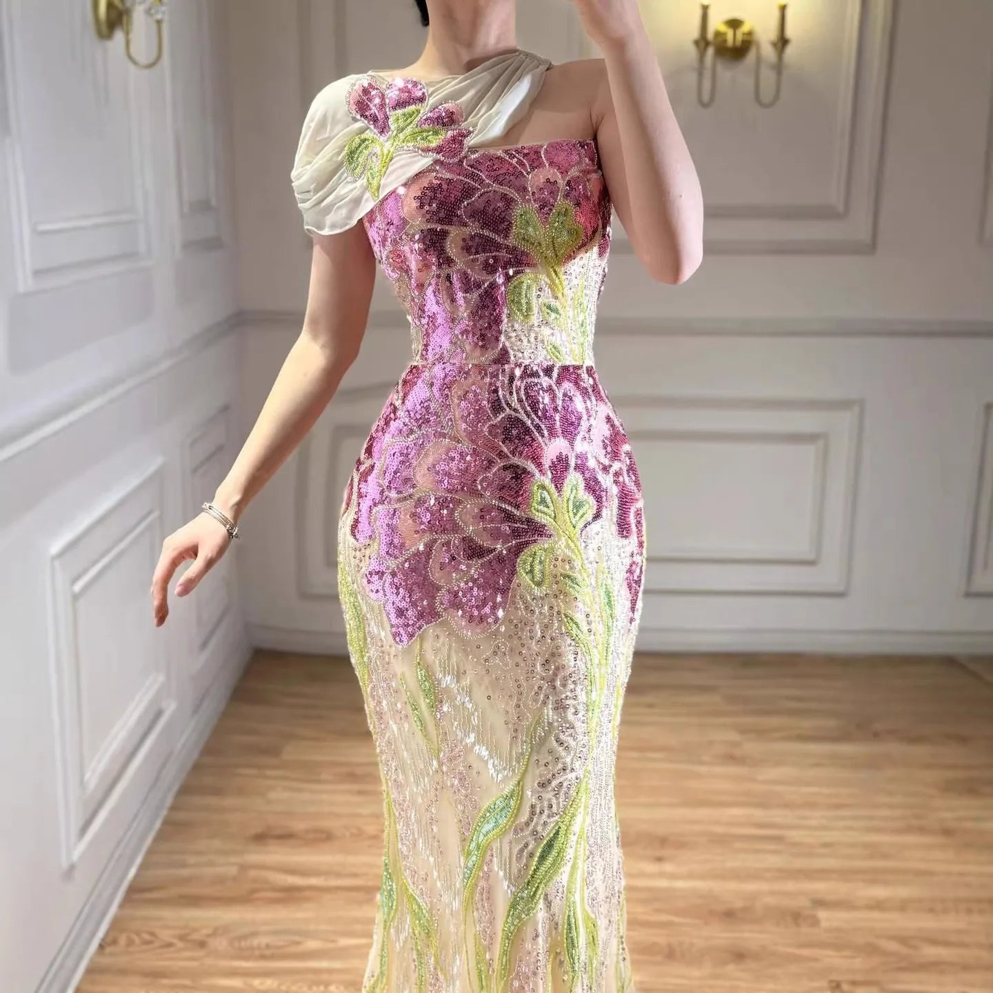 SERENE HILL 2026 Customized Purple Floral Mermaid With Shawl Evening Dress Strapless Women Formal Party Gown CLA73538A