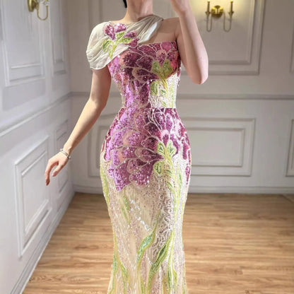 SERENE HILL 2026 Customized Purple Floral Mermaid With Shawl Evening Dress Strapless Women Formal Party Gown CLA73538A