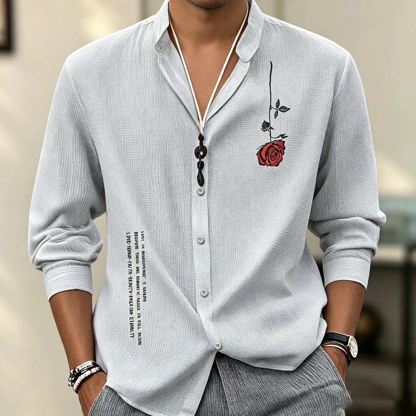 Men's stand-up collar three-quarter sleeve shirt, short print breathable shirt, loose-fitting cardigan for summer vacation.