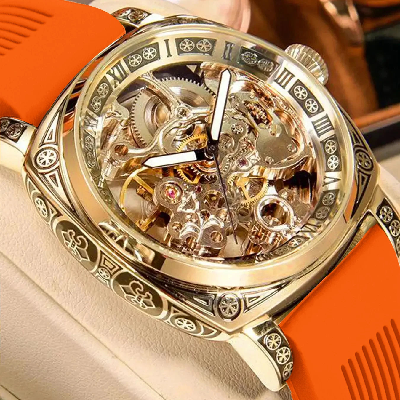 A MEN'S Black Zinc Alloy Business Style Luminous Carved Fully Automatic Tourbillon Hollow Mechanical Watch