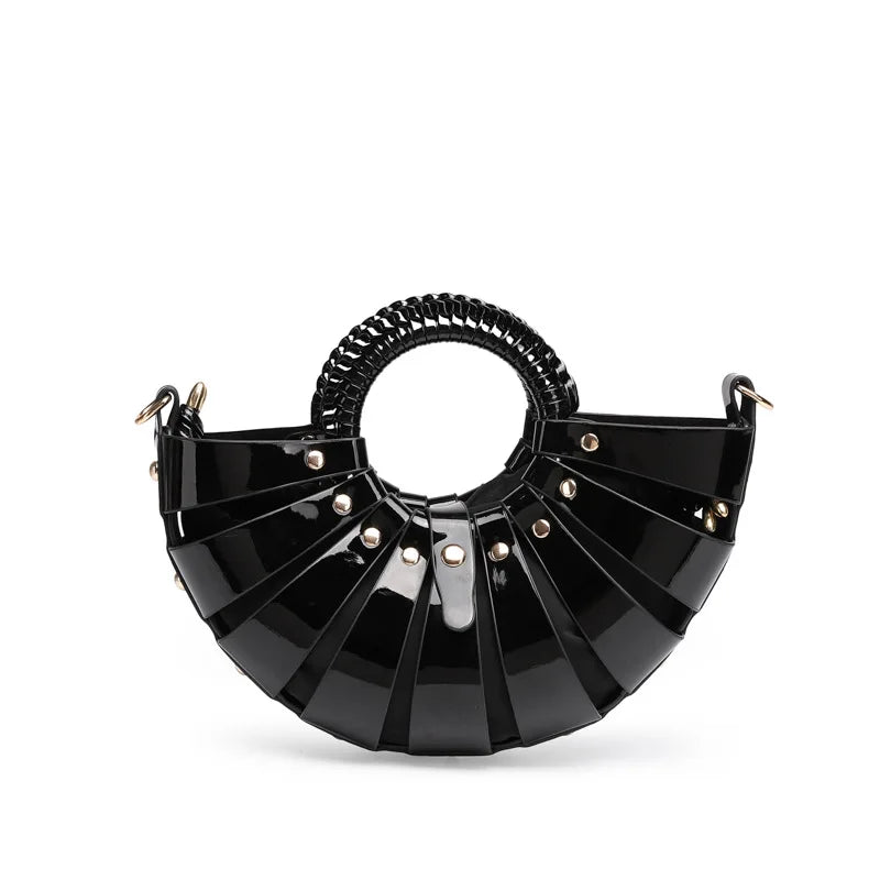 New Women's Fashionable Ring Design Crossbody Bag Hollowed Out Inner Bag Shell Bag Vegetable Basket Handbag Retro Woven Handbag