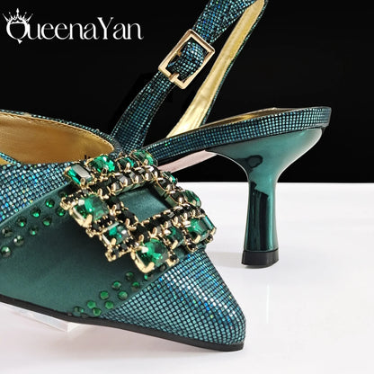 Queena Yan Nigeria Elegant Noble Party Wedding Shoes And Bag Pointed Toe Decorated With Rhinestone Women Heel Shoes